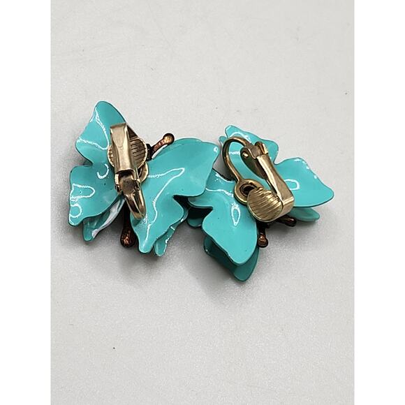 Vintage Turquoise Enamel Butterfly Clip On Earrings 1950s - Picture 8 of 9